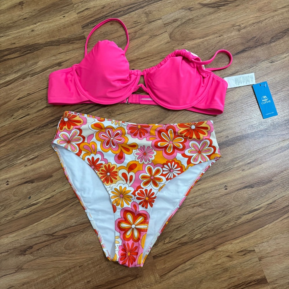 CUPSHE Pink Underwire Bikini Set High Waisted Floral Bottoms XL DAA12C4A017DD